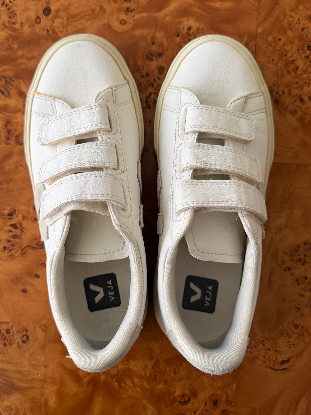 Veja White Cream Leather Velcro Sneakers